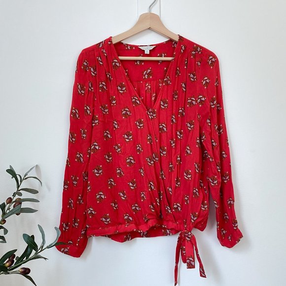 LUCKY BRAND LONG SLEEVE V NECK RED FLORAL PRINTED SURPLICE BLOUSE MEDIUM - Picture 1 of 5